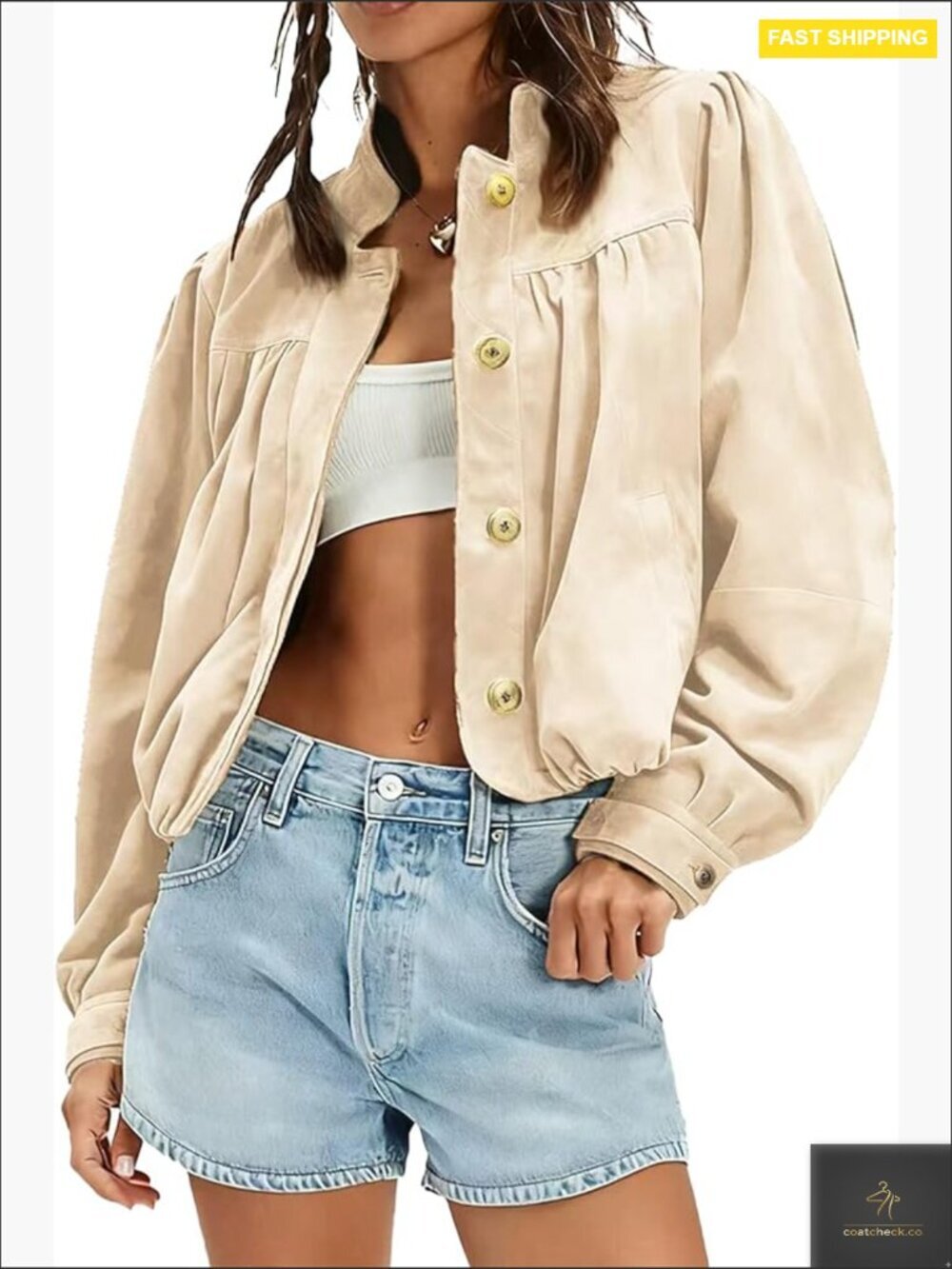 Faux Suede Jacket Oversized Puff Sleeve Stand Collar Button Down Pilot Coat
